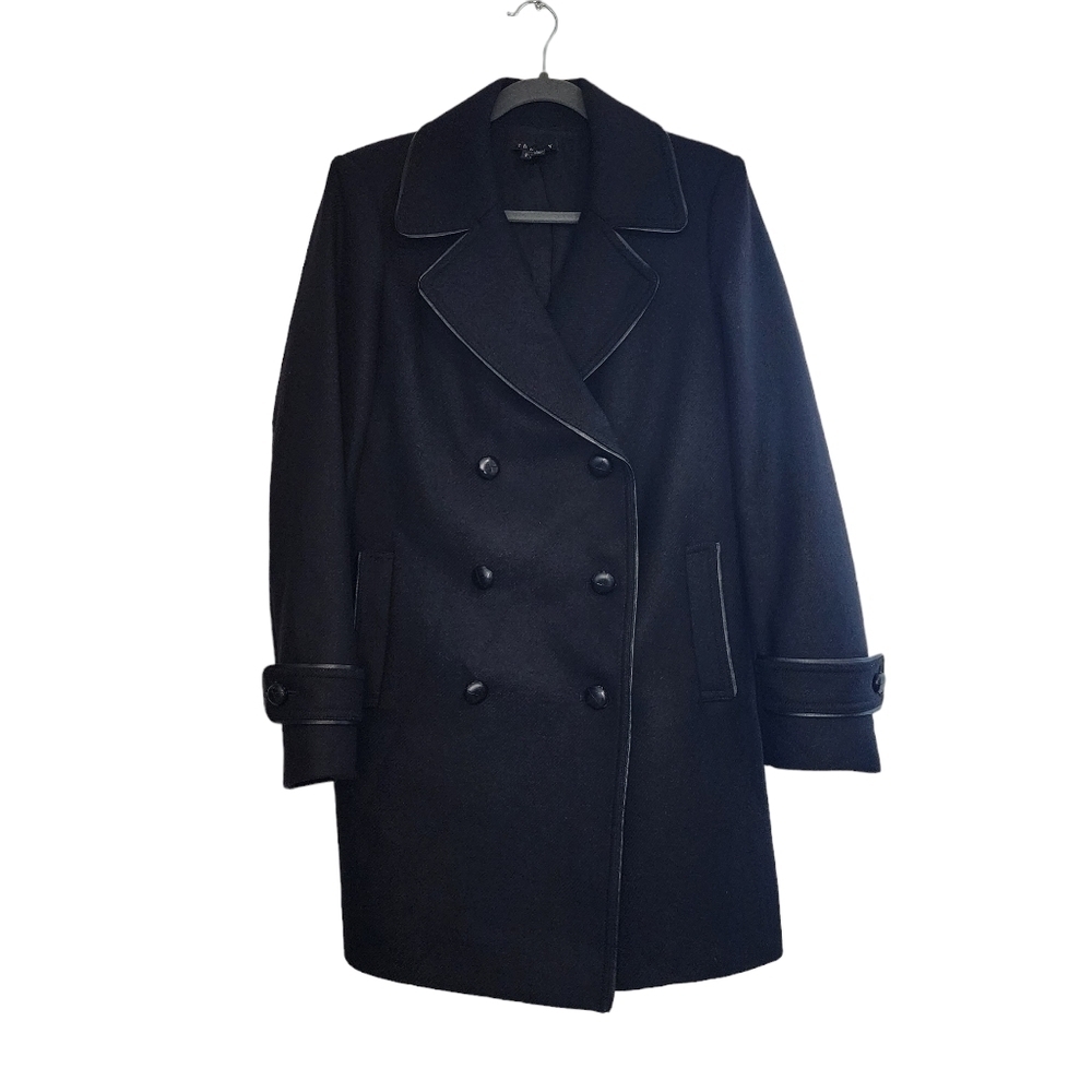 Theory Black Wool Double Breasted Loan Coat Peacoat Contrast Trim